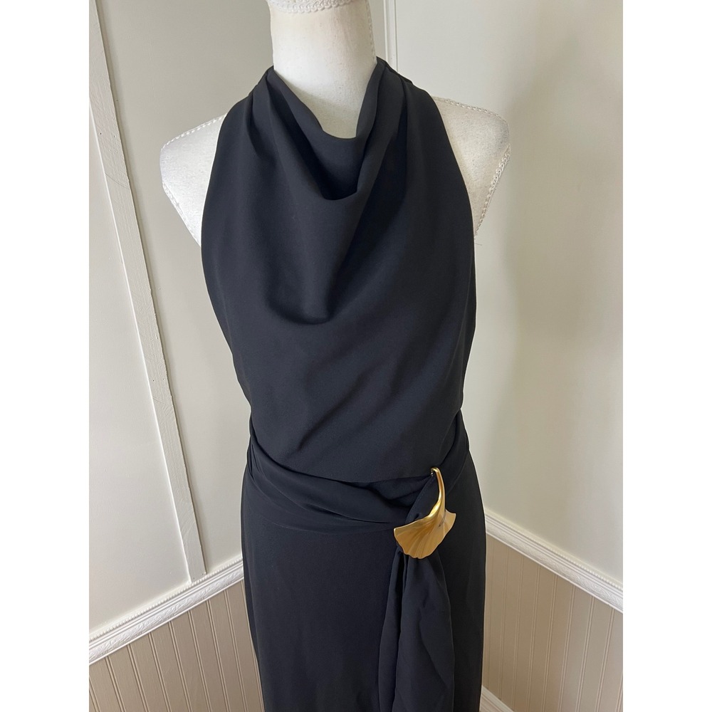 Donna Karan New York Black Cowl Neck Gown Gold Ginkgo Leaf Detail Size 6 NWT - Picture 5 of 15